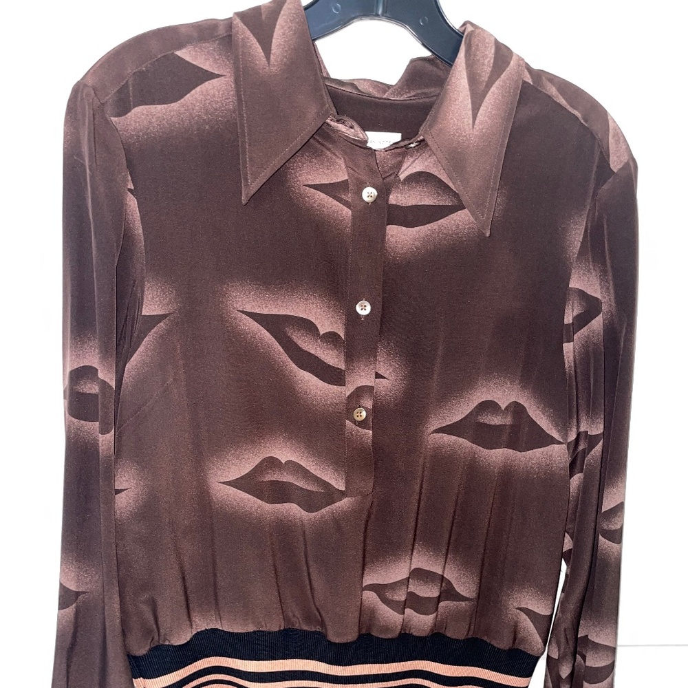 DRIES VAN NOTEN 100% Silk Brown Dreamy Lips Long Sleeve Blouse